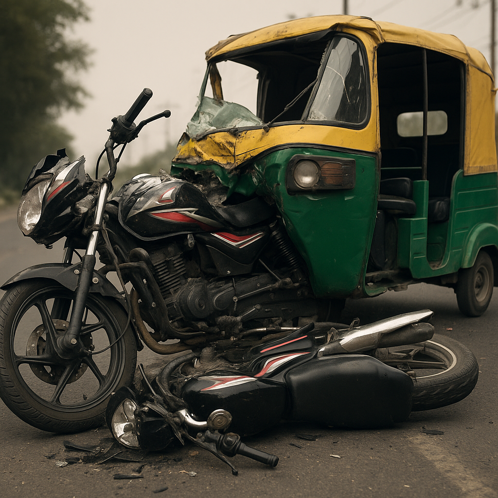 Bike and auto collide badly on Behjam Road, three people injured